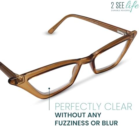 2SeeLife Premium Cat Eye Reading Glasses for Women – Narrow-Medium Fit, Sturdy Frame, Spring Hinges, Stylish Funky Readers, Amber Green, +2.00