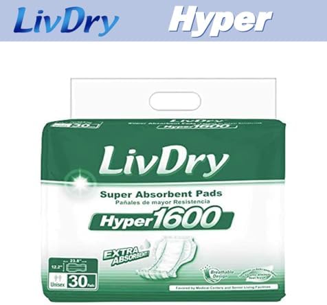 LivDry High Absorbency Pad Insert for Incontinence Briefs and Adult Diapers, Women and Men, Hyper 1600 (120 Count)