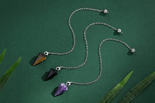 DUQGUHO 3 Pcs Crystal Pendulums Set for Divination Dowsing Natural Amethyst Rose Quartz Clear Quartz Healing Crystal Quartz Witchy Gifts Reiki Gemstone Pendants Wiccan Accessories