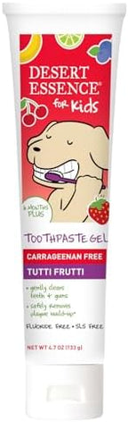 Desert Essence Fluoride-Free Toothpaste Gel for Kids - Tutti Frutti Flavor - Safe for Toddlers and Babies - Gluten-Free, SLS-Free, Non-Fluoride - Safe to Swallow with Xylitol and Aloe, 4.7oz