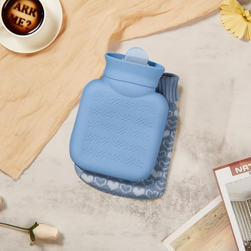 Amylove Mini Hot Water Bottle with Knitted Cover 320ml, Mother's Gift Water Bag for Women, Microwave Heating Bottle for Pain Relief Menstrual Cramps Travel(Stone Blue)