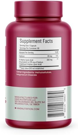 HMS Nutrition Stabilized R-Lipoic Acid 300 mg per Serving — Pure R Alpha Lipoic Acid (R-ALA) High Potency Active R Isomer Antioxidant Nerve & Metabolism Support — NSF Certified Non-GMO Vegan 60Capsule