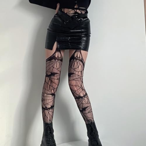 Halloween Spiderweb Tight Stockings Gothic Black Bat Spider Web Women Fishnet Stockings Suspender Pantyhose Thigh High Stockings Striped for Halloween Cosplay Party Dress Accessories 1 Pair