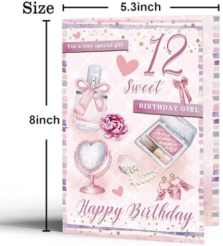 fancu Happy 12th Birthday Card for Girls, Sweet Fashion Bithday Card for 12th Girls, Pink Beauty Themed Card,Birthday Card for Special Daughter Granddaughter, Perfume, Makeup & Pearl Design