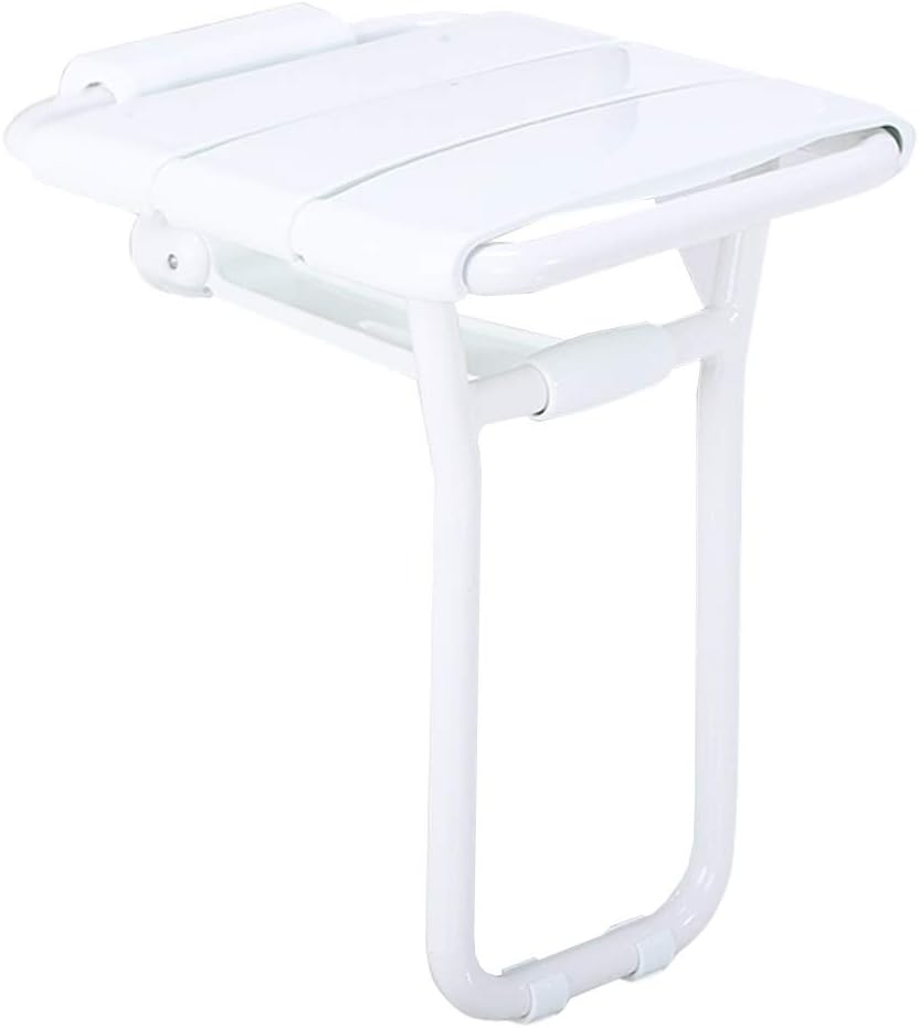White Shower Seat with Leg, Wall Mount Folding Bathroom Stool Fold Up Changing Shoes Stool Bath Chair for Adults Elderly Disabled, Aluminum Alloy Frame