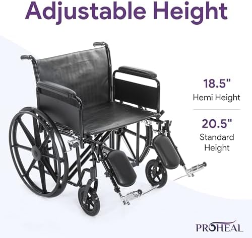 26 Inch Bariatric Wheelchair for Adults - Removable Full Length Armrests, Swing Away Footrests, Adjustable Height - 500+ lbs Capacity Extra Wide Wheelchair - Foldable