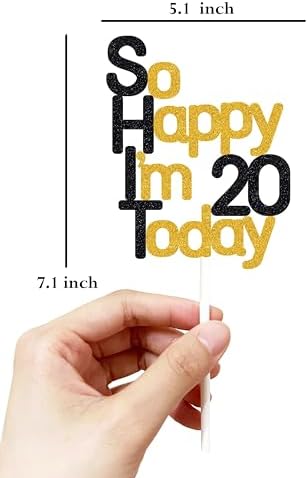 So Happy I'm 20 Today!20 Birthday Cake Toppers-Black Glitter, Funny 20th Cake Topper for Men,Twenty Cake Topper For Women, 20th birthday decorations
