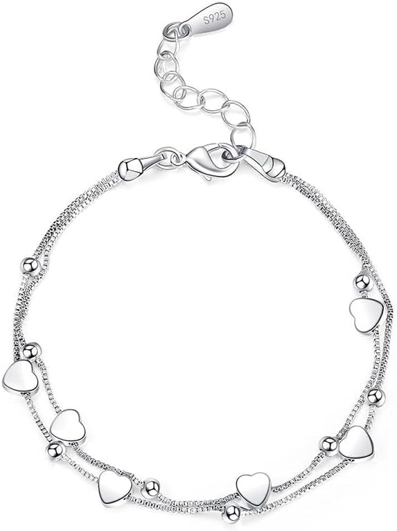 925 Sterling Silver Bracelet for Women, Love Heart Charm Chain Bangle Fashion Jewelry Gifts