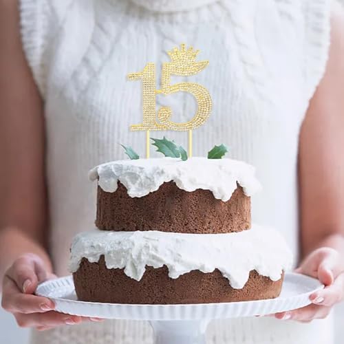 Honbay 15 Birthday Cake Topper Sparkling Bling Alloy Crystal Rhinestones Cake Topper Princess Crown Cake Decoration for Sweet 15th Birthday or Anniversary Party (Gold)