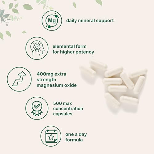 Magnesium Oxide 400mg, 500 Capsules | Elemental Form for Max Concentration | Supports Calm, Muscle & Nerve Health | Non-GMO