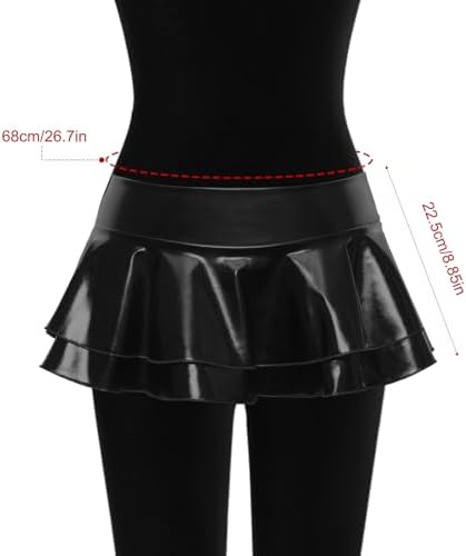 Black Latex Metallic Skirt PU Leather Skirt Short Double Layered Ruffle Pleated Mini Skater Micro Skirt for Women Party
