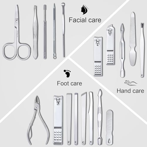 Yougai Nail Clippers Set - 18 Pcs Professional Manicure Pedicure Kit for Men Women, Stainless Steel Fingernail Toenail Clippers Cutters, Nail Care Grooming Tools with Leather Travel Case