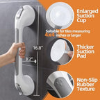 Shower Handle 1 Pack, 17 Inch Grab Bar for Bathtubs and Showers, Strong Suction Cup Safety Handrail for Seniors, Elderly, Injury Recovery, No Drilling Waterproof Bathroom Grip, Grey