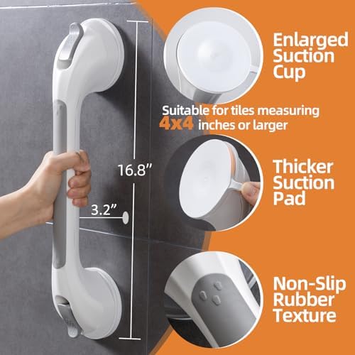 Shower Handle 1 Pack, 17 Inch Grab Bar for Bathtubs and Showers, Strong Suction Cup Safety Handrail for Seniors, Elderly, Injury Recovery, No Drilling Waterproof Bathroom Grip, Grey