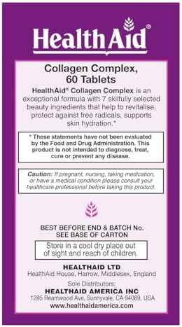 HealthAid Collagen Complex – Marine Hydrolyzed Collagen with Hyaluronic Acid, Vitamins C & E, and Zinc | 60 Tablets (2 Daily) to Support Skin Hydration & Elasticity
