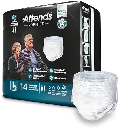 Attends Premier Adult Incontinence SmartCool® Underwear, Large (44-58"), [56 Count] - Overnight Absorbency for Men and Women, Disposable Pull-On Diapers with Tear-Away Sides, ALI-UW30