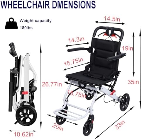 Ultra-Lightweight(Only 13.66lbs) Portable Transit Wheelchair, Folding Transport Wheelchairs for Adults Child, Support 180lbs, Compact Aluminum Wheelchair for Elderly Seniors, Easy to Travel A