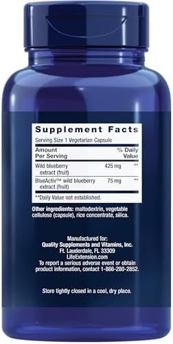 Life Extension Blueberry Extract Capsules, supports cognitive & memory health, helps maintain already-healthy cholesterol levels, fights oxidative stress, gluten-free, non-GMO, vegetarian, 60 capsules