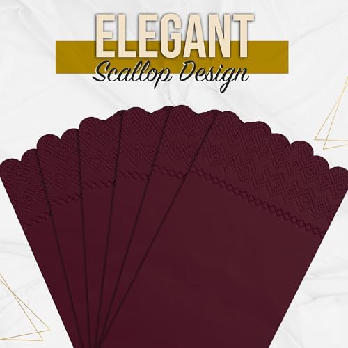 Burgundy Scalloped Napkins Disposable 100 Pcs 3-Ply Burgundy Scalloped Dinner Napkins Disposable Decorative for Dinners & Parties, Paper Guest Towels for Bathroom & Party Supplies