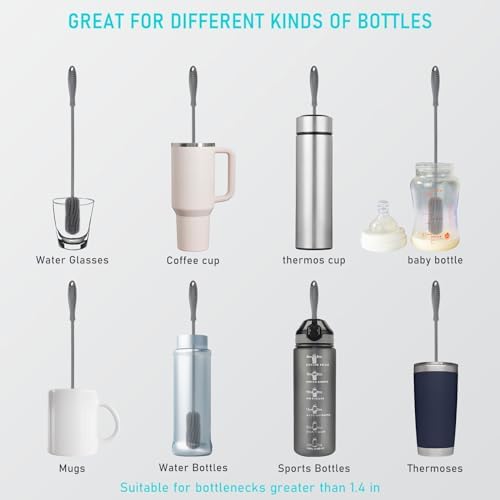 15.7" Silicone Bottle Brush, ddLUCK Water Bottle Cleaner Brush for Stanley, Hydroflasks, Glass, Thermos Sports Bottle, Vase and Glassware, Bottle Brush Cleaner for Small Narrow Neck Containers (Gray)