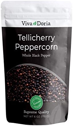 Viva Doria Tellicherry Peppercorn, Whole Black Pepper, Steam Sterilized Black Peppercorns, 6 Oz, For Grinder Refill