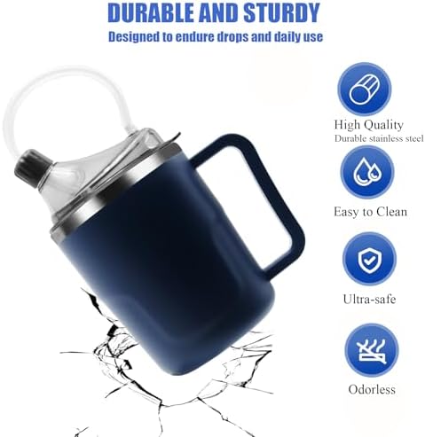 Adult Spill Proof Cup for Elderly, 3 in 1 Stainless Steel Sippy Cup with Straw and 2 Lids, Suitable for Seniors Disabled Patients Limited Mobility, 14 OZ