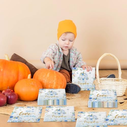 A Little Pumpkin is On The Way Napkins 40Pcs Little Pumpkin Napkins Pumpkin Baby Shower Party Decorations Fall Pumpkin Floral Paper Napkins for Boys Girls Baby Shower Gender Reveal Party (Blue)