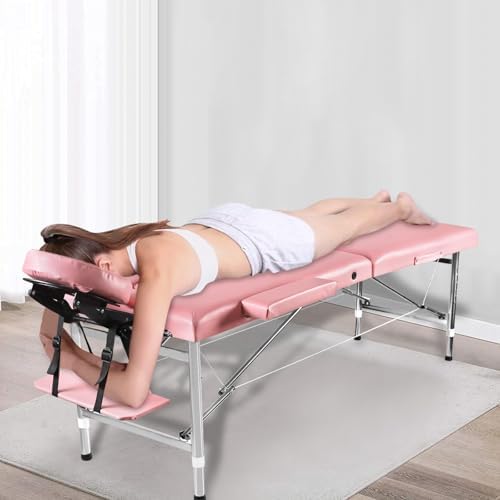 Massage Table Portable Height Adjustable Massage Bed Lightweight Foldable Spa Lash Tattoo Esthetician Bed 24" Wide Aluminum 2 Fold with Carrying Case (Pink)