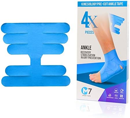 M7 Sport Kinesiology Ankle Tape for Ankle Sprain and Injury Recovery, Pain Relief Therapeutic Tape, Ankle Brace Compression Support, Plantar Fasciitis, Waterproof, Eases Swelling (Blue, 4-Pack)
