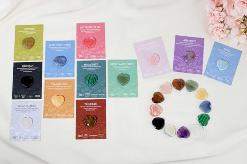 LAIDANLA 12 PCS Heart Crystals Healing Stones 1 inch Hearts Natural Gemstones Polished Bulk Heart Shaped Crystal Stone Set Rose Quartz Amethyst Reiki Meditation Gifts