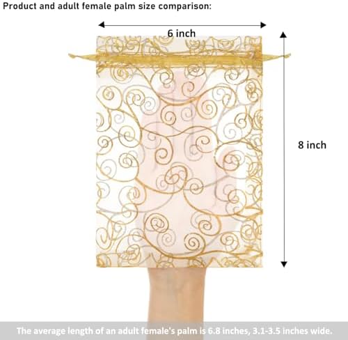 Staruby Organza Gift Bags 50 Pcs Gold Sheer Organza Bag 6x8 Inch Mesh Favor Bags Drawstring Jewelry Rattan Printed Gift Pouches for Wedding Party Favors Couple Shower Christmas Gifts Candy Bags