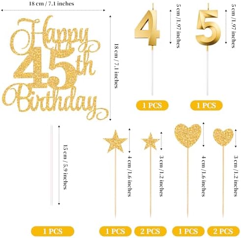 45th Birthday Cake Decorations, 45th Birthday Candles Cake Numeral Candles and Glitter Happy 45th Birthday Cake Toppers Set for Birthday Party Supplies (Gold)