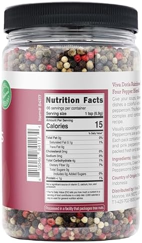 Viva Doria Rainbow Blend Peppercorn, Steam Sterilized Whole Black/Green Pepper, Whole Pink/White Pepper, 16 Oz, For Grinder Refills