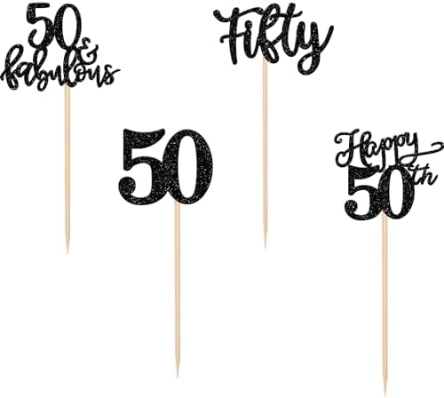 Rsstarxi 24 Pack Glitter 50th Birthday Cupcake Toppers Fifty 50 Fabulous Cupcake Picks Decorations for Happy 50th Birthday Wedding Anniversary Party Cake Decorations Black