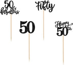 Rsstarxi 24 Pack Glitter 50th Birthday Cupcake Toppers Fifty 50 Fabulous Cupcake Picks Decorations for Happy 50th Birthday Wedding Anniversary Party Cake Decorations Black