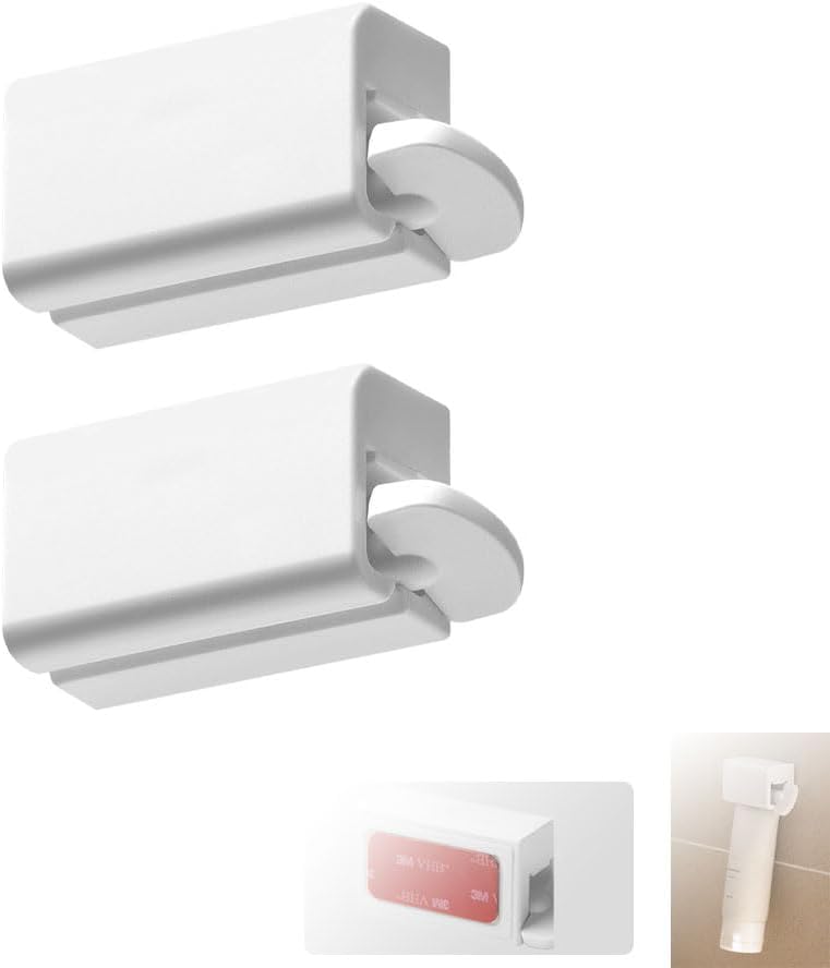 2 Pack Wall - Mounted Magnetic Manual Toothpaste Squeezer and Roller Set, White Plastic Tube for Cosmetics and Hair Dye (White)