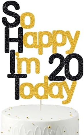 So Happy I'm 20 Today!20 Birthday Cake Toppers-Black Glitter, Funny 20th Cake Topper for Men,Twenty Cake Topper For Women, 20th birthday decorations