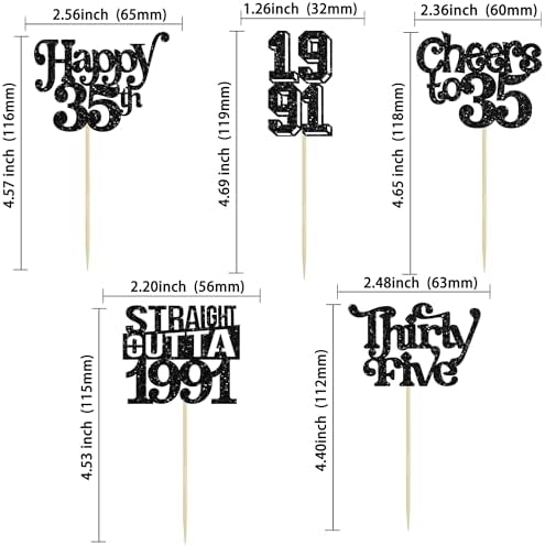 Gyufise 30Pcs Happy 35th Birthday Cupcake Toppers Glitter Thirty Five Straight Outta 1991 Cupcake Picks Cheers to 35 Fabulous Cake Decorations for Happy 35th Birthday Anniversary Party Supplies Black