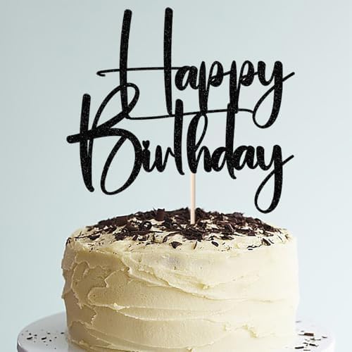 Happy Birthday Cake Topper,black Glitter Cake Pick Bunting Decor for Anniversary Birthday Party Cake Decorations Supplies