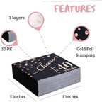Rose Gold Cheers to 40th Cocktail Napkins Folded 5 x 5 Inches Disposable Party Napkins 3-Ply Paper Beverage Napkins for 40th Birthday Decorations, Wedding Anniversary, Retirement, Black (40 Years)
