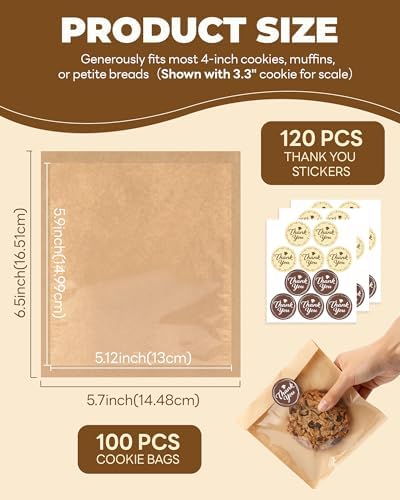 Bake Choice 100PCS Cookie Bags with Seal, 5.7x6.5 Inch Individual Cookie Packaging Bags for Gift Giving, Heat Sealable & Grease Proof Bakery Bag with Window, Baked Goods Packaging