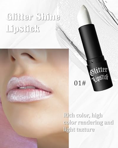 White Diamond Glitter Matte Lipstick, Gothic Shiny Lip Gloss, Sparkling High Pigment Longlasting Waterproof Smudgeproof Non-Stick Lipstick, Shimmer Lip Blam for Stage,Cosplay, Party Makeup-01