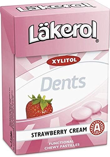 12 Boxes x 85g of Läkerol Dents Strawberry Cream - Original - Swedish - Sugar Free - Xylitol - Pastilles - Lozenges - Dragees - Drops - Candies - Sweets