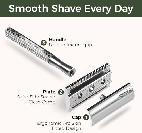 ZOMCHI Double Edge Safety Razor for Men & Women, Metal Razor with 5 Double Edge Safety Razor Blades, Single Blade Razor – Silver
