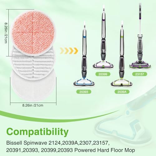 8 Pack Mop Pads Replacement Compatible with Bissell Spinwave 2124, 2039A, 2307, 23157, 23159, 20393, 20399 Hard Floor Spin Mop, 2 Soft Pads, 4 Scrubby Pads, 2 Heavy Scrub Pads