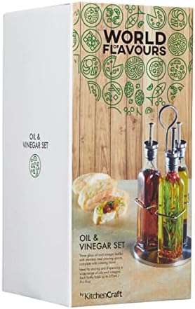 KitchenCraft World of Flavours, Oil and Vinegar Bottle Set with Stainless Steel Rack and Removable Cork, Oil Dispenser, Olive Oil Bottle and Vinegar Bottle Glass, 4 Piece Set