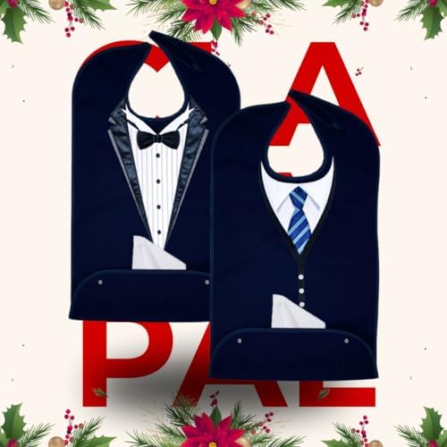 Adult Bibs for Men, Dress ‘n Dine™ Clothing Protectors for Eating, Senior Adult Bib Terry Cloth Crumb Catcher, Embroidered Design, Waterproof, Reusable, Washable (Blue Tie + Tuxedo)