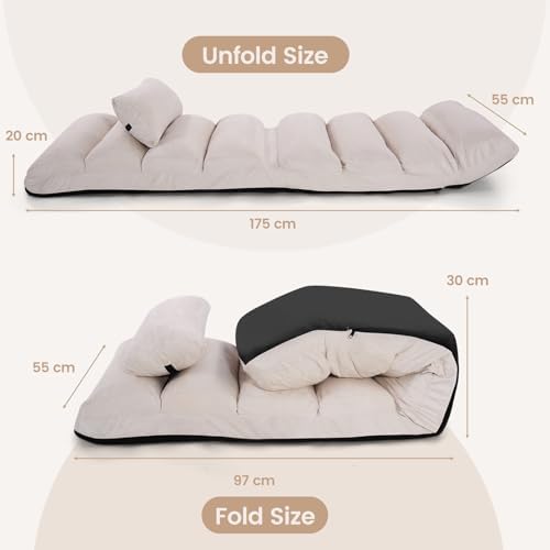 BECOMFORT Foldable Floor Lounger, Chase Lounge with 5 Adjustable Positions, Adjustable Back Support & Footrest, Folding Floor Chair, Lazy Sofa Chair for Reading & Watching, No Assembly Needed (Beige)