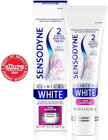 Sensodyne Clinical White Toothpaste Clinically Proven Whitening for Sensitive Teeth, Stain Protector, 3.4 oz