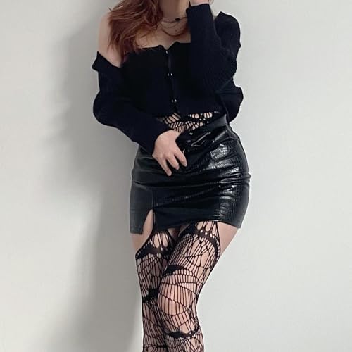 Halloween Spiderweb Tight Stockings Black Fishnet Pantyhose Bat Spider Web Thigh High Stockings Striped Lolita Women Gothic Stockings, Small